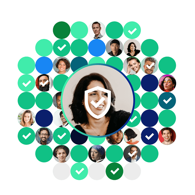 A circle of community members surrounded by verification checkmarks